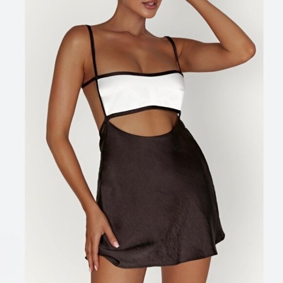 NWT Meshki Veda Two Tone Cutout Strappy Satin Mini Dress White Black New XXL - Picture 9 of 9